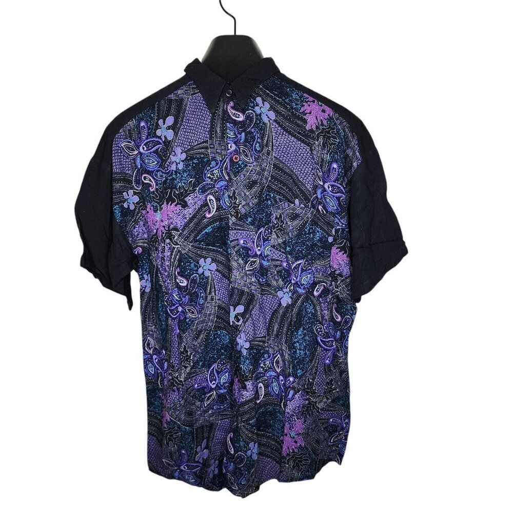 Vintage 80s MAXX FM Short Sleeve Paisley Mens Shirt Size M Black Purple Rayon